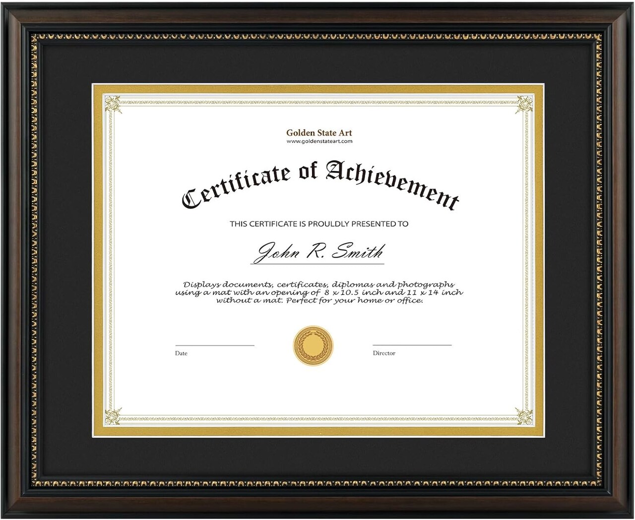 8.5X11 Diploma Frame, Solid Wood Brown with Gold Trim Certificate Frame, 8.5X11 Inch or 11X14 Diploma Without Mat, Real Glass Front with Black Over Gold Double Mat -1 Pack